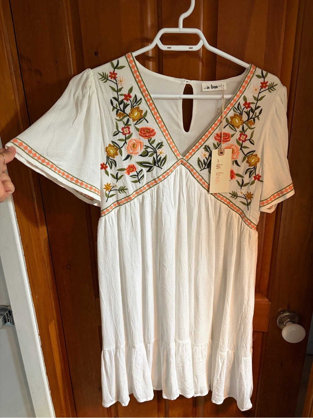 Three Bird Nest White Mini Dress with Multicolor Floral Embroidery